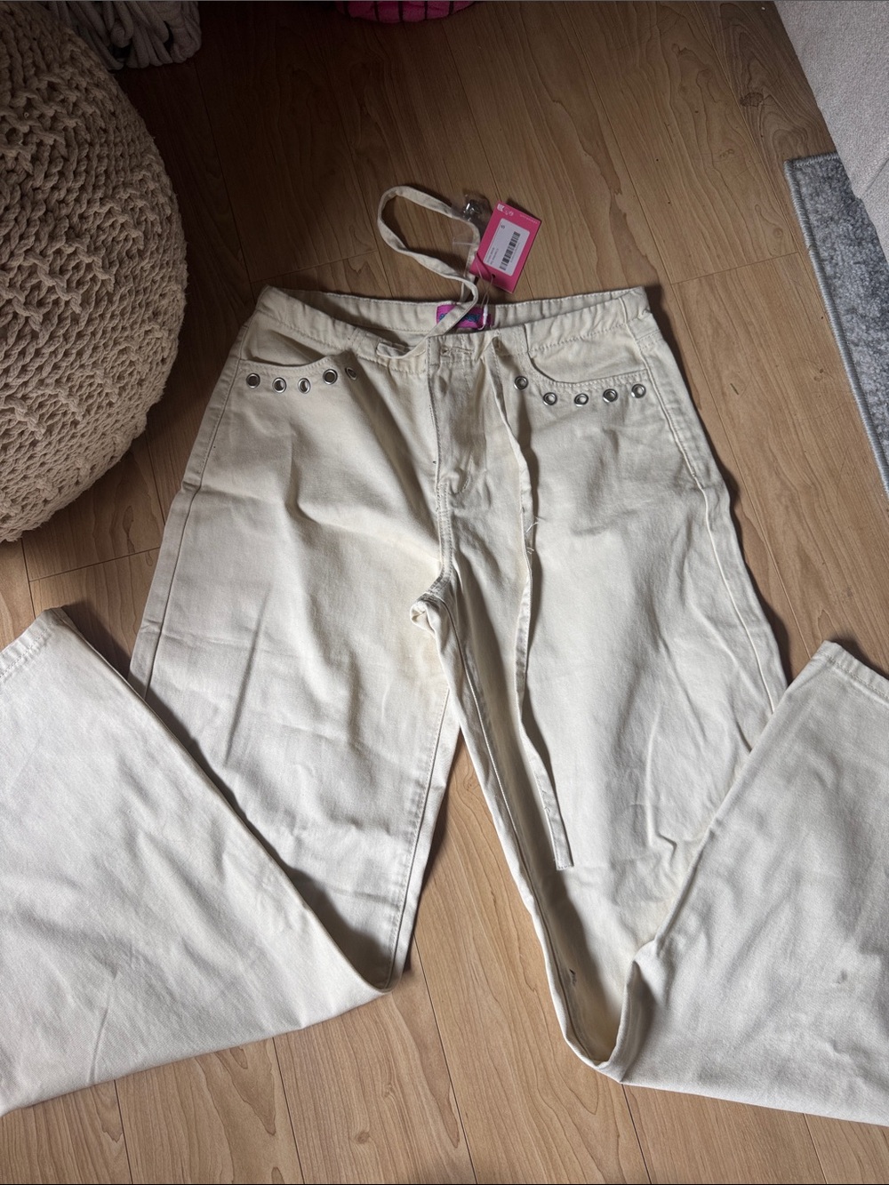 Edikted Cream Flared Jeans with Stud Trim